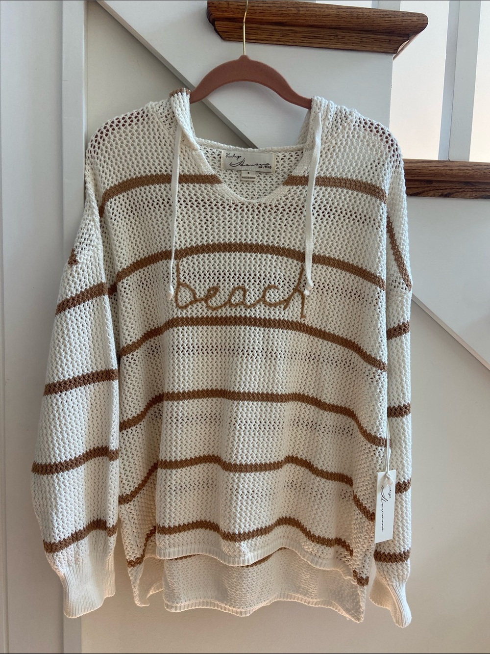 beachlunchlounge Cream & Brown Open-Knit Hoodie Sweater/ slouchy